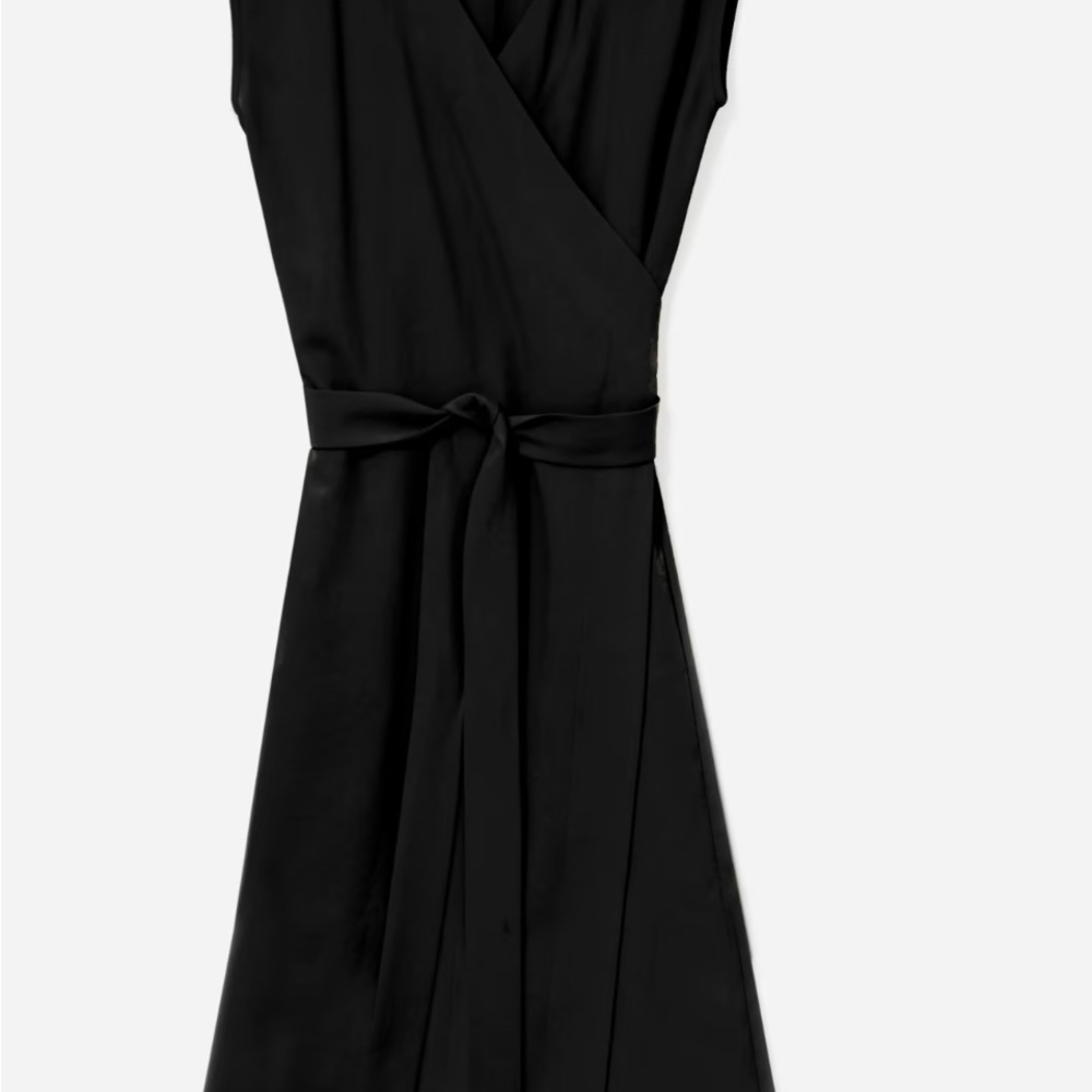 Everlane Japanese go-weave cap sleeve black wrap dress.